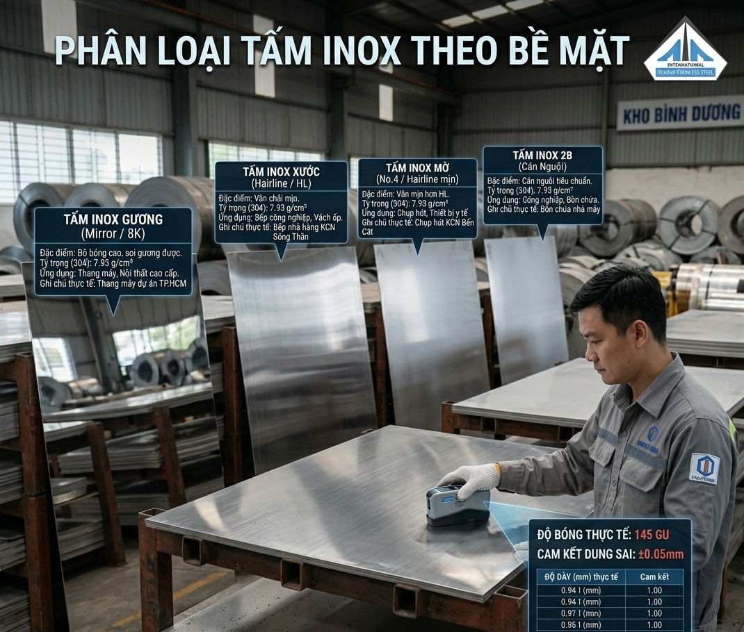 Bảng giá Tấm inox 201, 304 mới nhất 2026 – Cập nhật hôm nay tại Bình Dương phan loai tam inox theo be mat e1775633336330