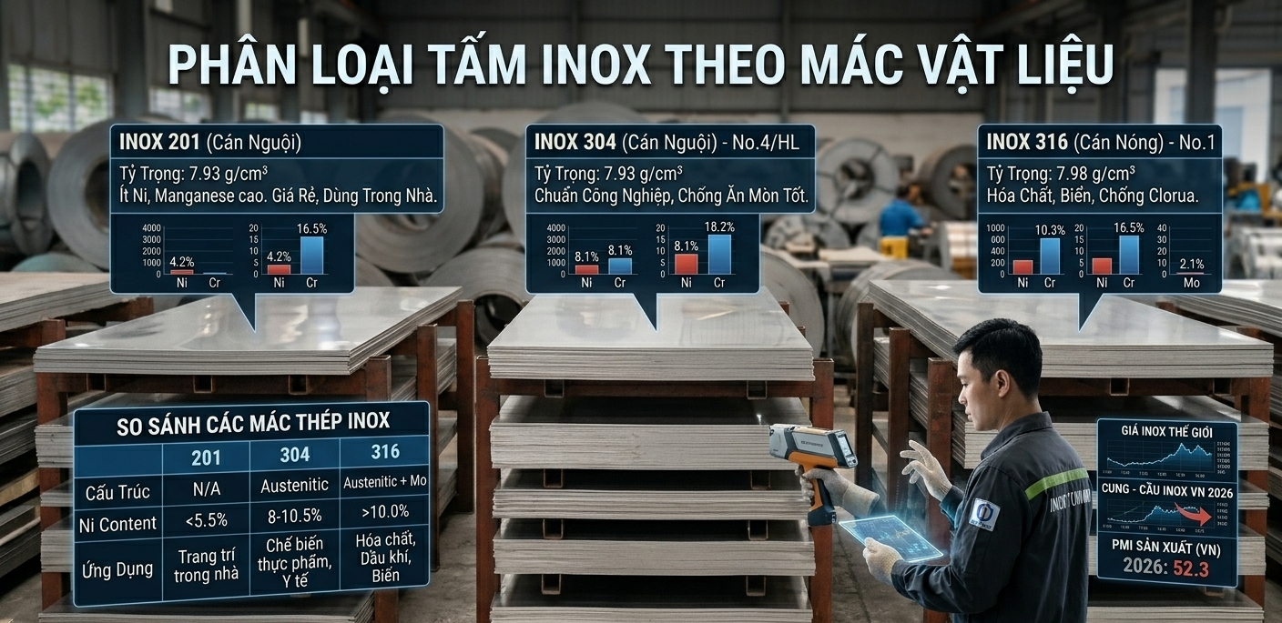 Bảng giá Tấm inox 201, 304 mới nhất 2026 – Cập nhật hôm nay tại Bình Dương phan loai tam inox theo mac e1775633149985