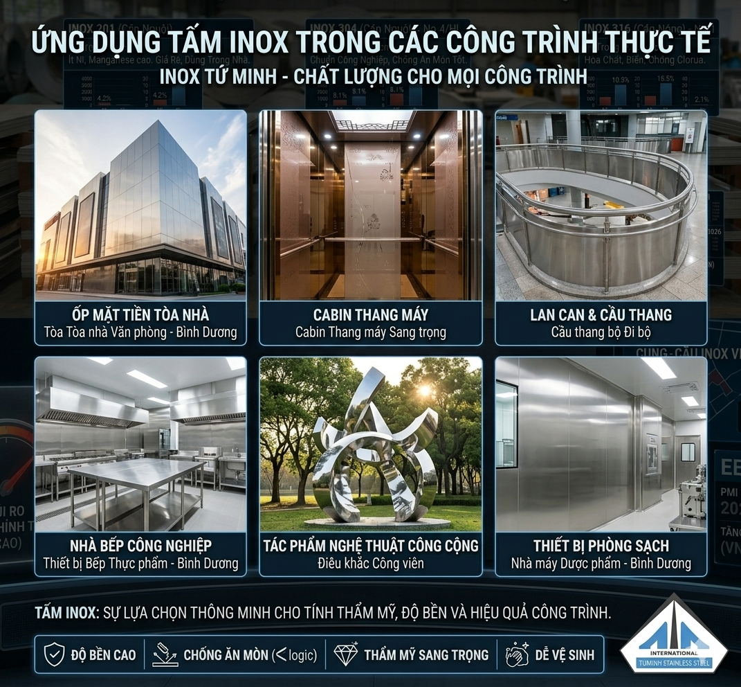 Bảng giá Tấm inox 201, 304 mới nhất 2026 – Cập nhật hôm nay tại Bình Dương ứng dụng tấm inox