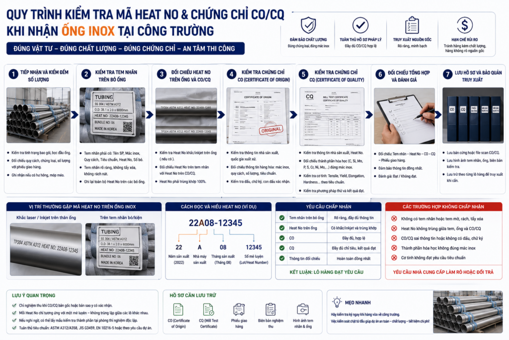 Quy Trình Kiểm Tra Mã Heat No & Chứng Chỉ CO/CQ Khi Nhận Ống Inox Tại Công Trường ab529ffc 7474 44cd 8274 377b78c77a55