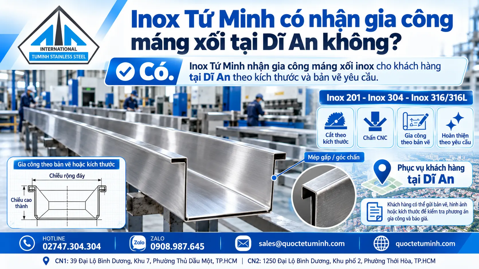Gia Công Máng Xối Inox tại Dĩ An Theo Yêu Cầu | Inox Tứ Minh Inox Tu Minh co nhan gia cong mang xoi tai Di An khong