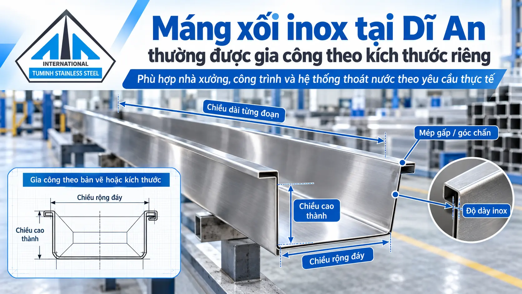 Gia Công Máng Xối Inox tại Dĩ An Theo Yêu Cầu | Inox Tứ Minh Mang xoi inox tai Di An thuong duoc gia cong theo kich thuoc rieng