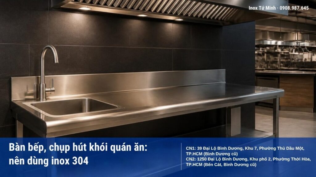 Gia Công Inox Phường Phú Lợi: Lan Can, Cổng, Bếp Inox Cho Nhà Phố & Quán Ăn Bàn bếp inox 304 có bồn rửa và chụp hút khói inox
