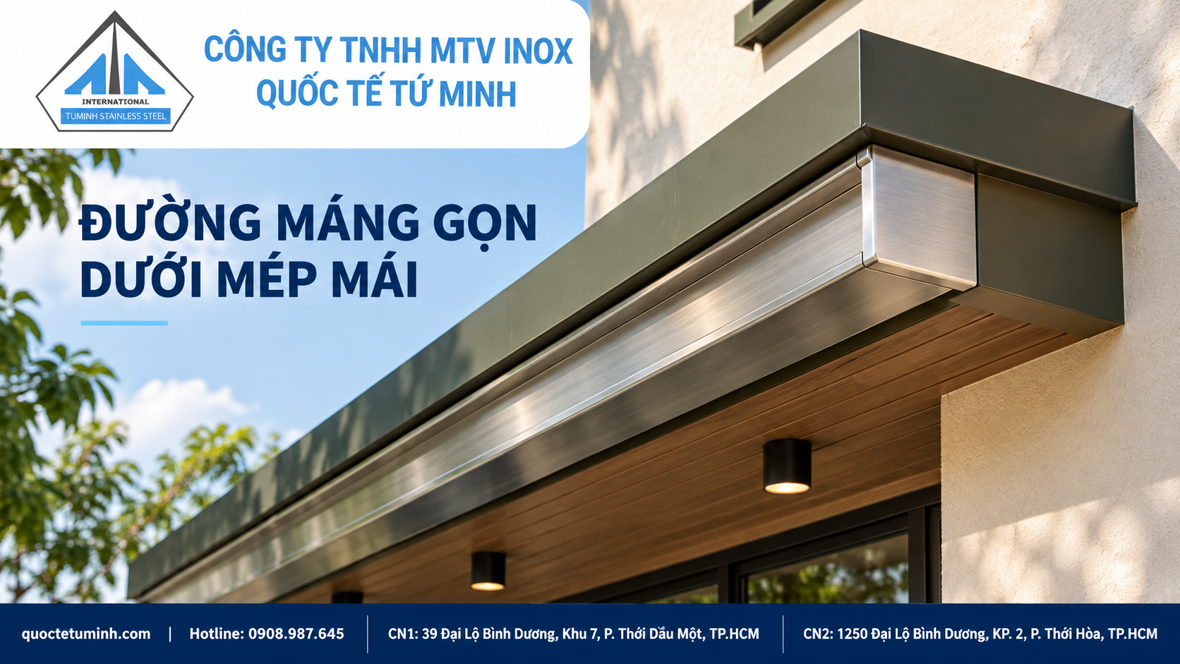 Gia công máng xối inox Thuận An cho mái hiên nhà phố, cửa hàng Gia công máng xối inox Thuận An: phối cảnh đường máng dưới mép mái hiên
