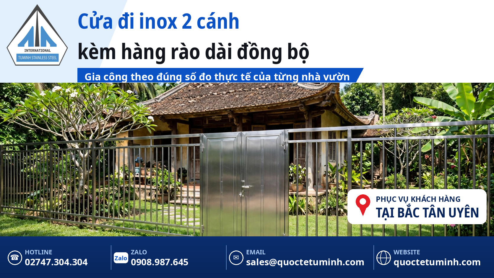 gia công cửa inox tại bắc tân uyên - cửa đi inox 2 cánh và hàng rào inox dài trước nhà vườn