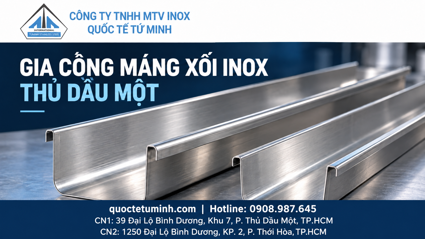 Minh họa gia công máng xối inox Thủ Dầu Một với logo và thông tin liên hệ Tứ Minh