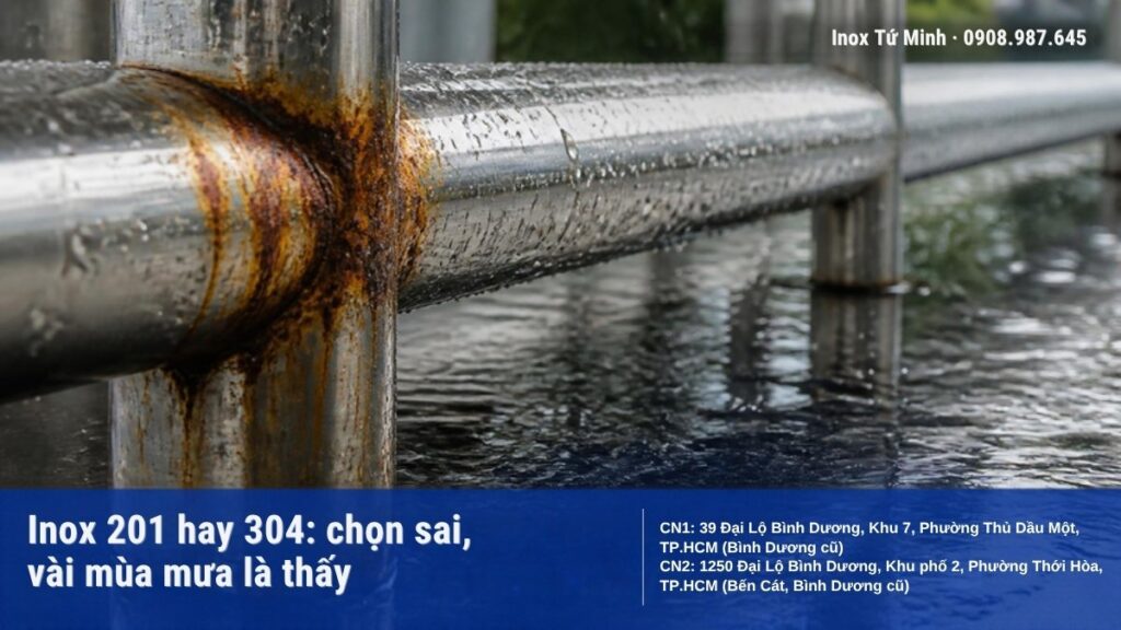 Gia Công Inox Phường Phú Lợi: Lan Can, Cổng, Bếp Inox Cho Nhà Phố & Quán Ăn Lan can ống inox bị gỉ ở mối nối khi dùng sai mác