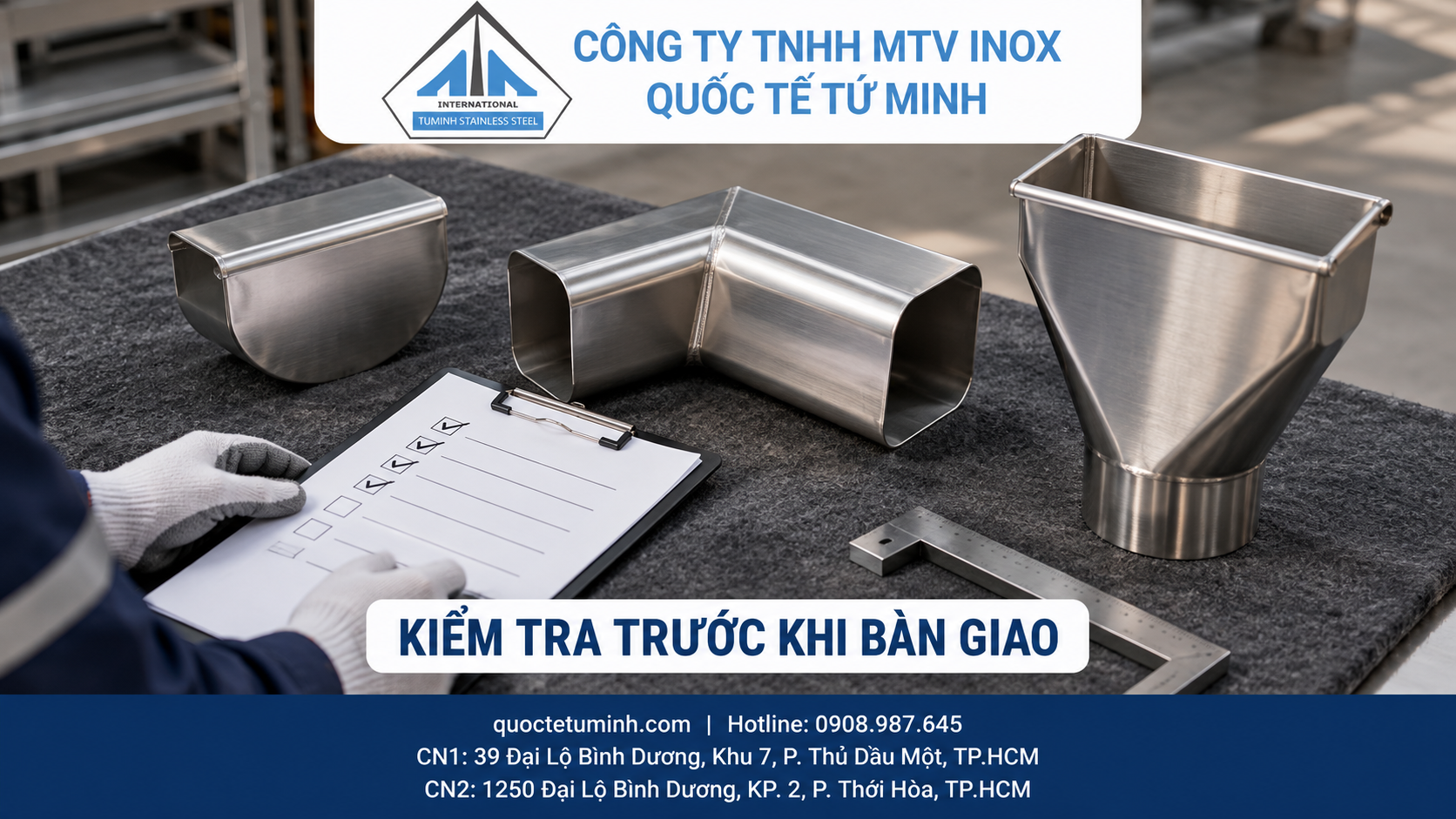 Gia công máng xối inox Tân Uyên cho nhà xưởng: Từ vận hành đến bàn giao Minh họa bàn kiểm tra các cấu kiện inox và tài liệu đối chiếu trước bàn giao