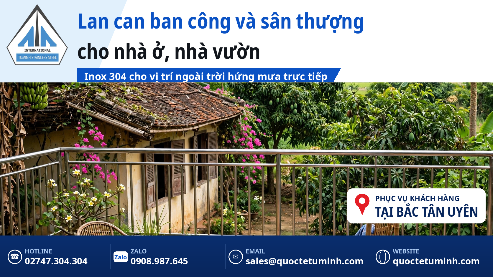 Gia công lan can inox Bắc Tân Uyên cho nhà ở mới và nhà vườn: Khảo sát một lần, chốt trọn gói Lan can sân thượng nhà vườn tại Bắc Tân Uyên bằng inox 304
