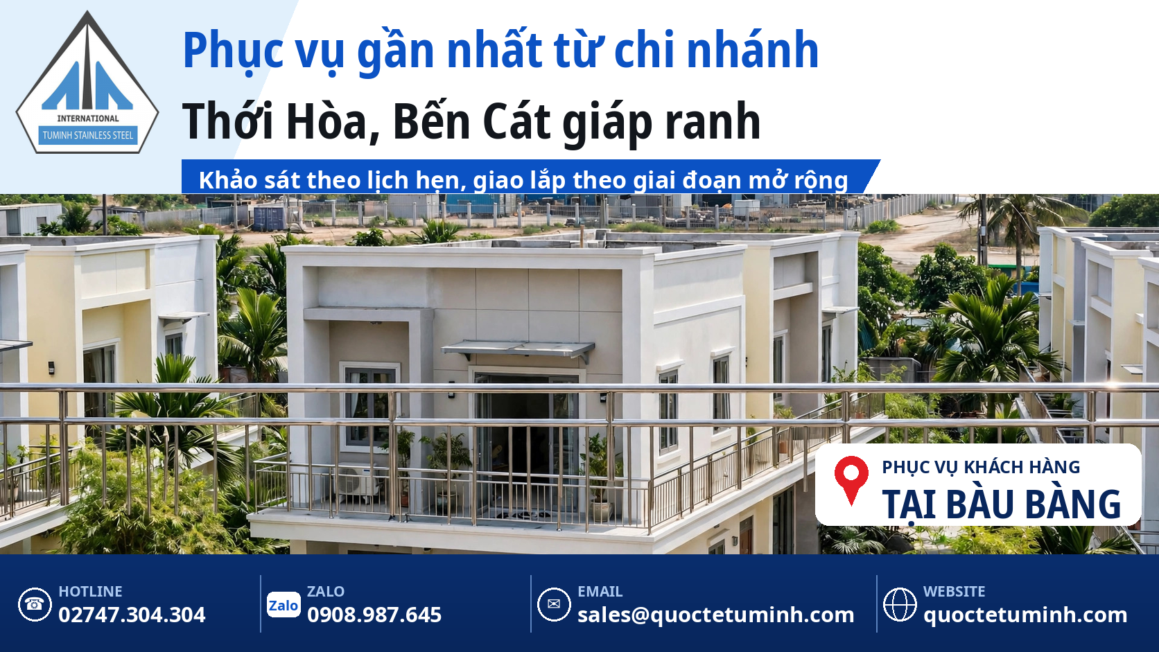 Gia công lan can inox Bàu Bàng cho nhà trọ, nhà xưởng và nhà phố mới: Đồng bộ, giao lắp theo đợt Lan can ban công nhà phố mới tại Bàu Bàng, khu vực phục vụ gần nhất từ chi nhánh Thới Hòa