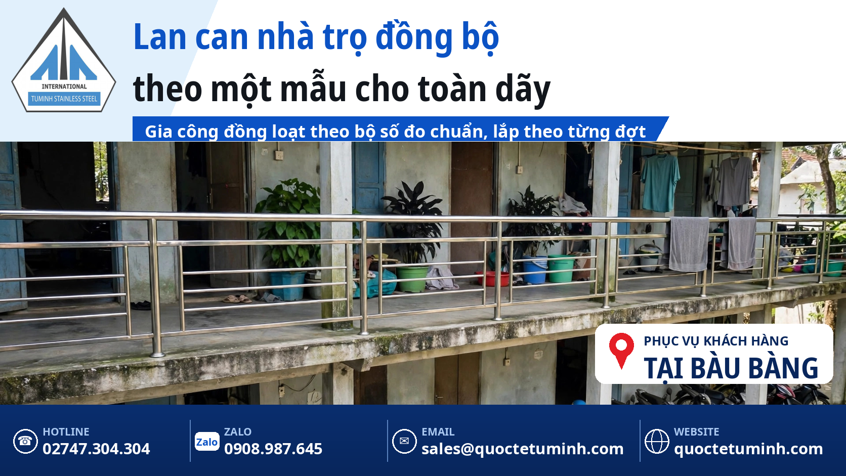 Gia công lan can inox Bàu Bàng cho nhà trọ, nhà xưởng và nhà phố mới: Đồng bộ, giao lắp theo đợt Lan can hành lang nhà trọ tại Bàu Bàng lắp đồng bộ theo một mẫu cho toàn dãy