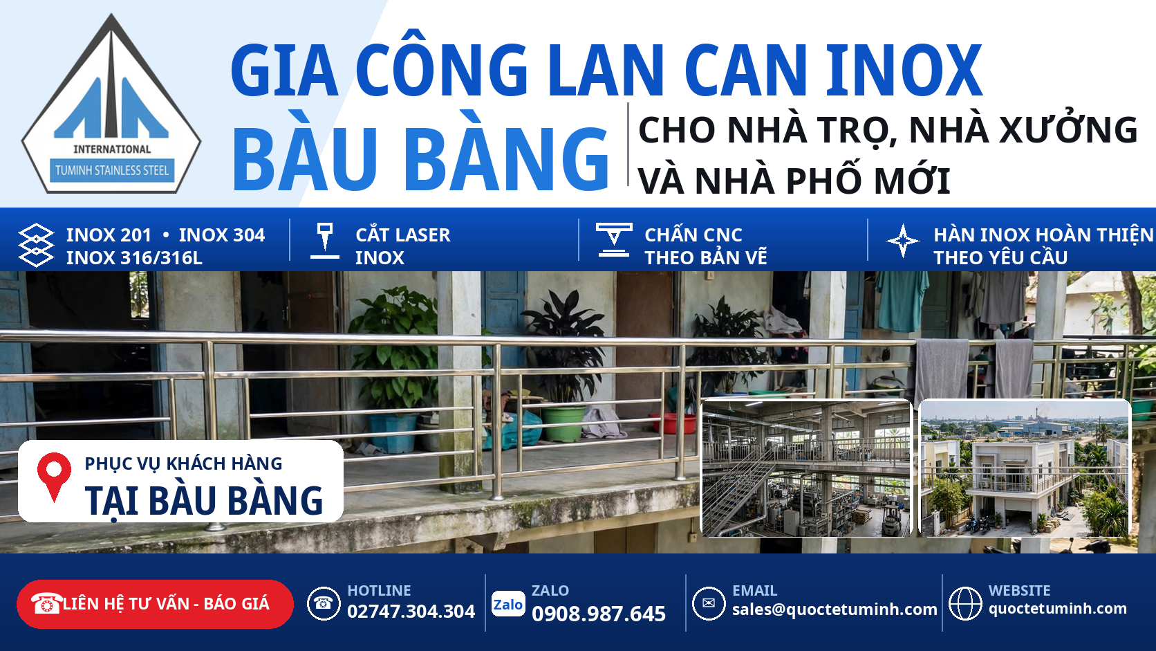 Gia công lan can inox Bàu Bàng cho nhà trọ, nhà xưởng và nhà phố mới quanh khu công nghiệp