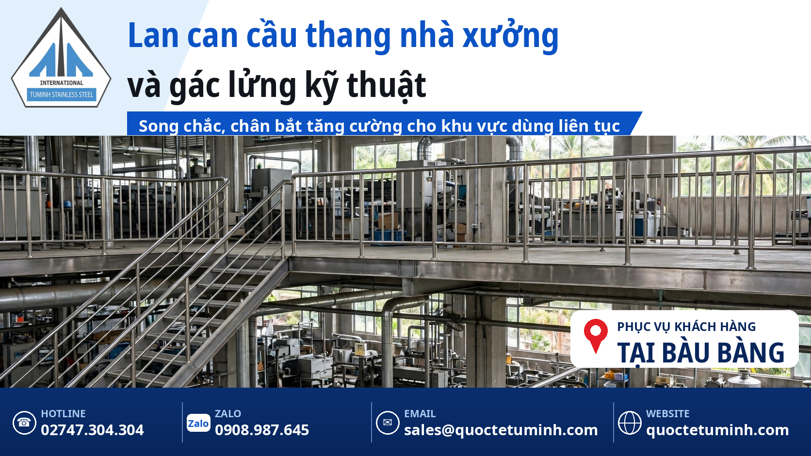 Gia công lan can inox Bàu Bàng cho nhà trọ, nhà xưởng và nhà phố mới: Đồng bộ, giao lắp theo đợt Lan can cầu thang nhà xưởng tại Bàu Bàng với song chắc và chân bắt tăng cường