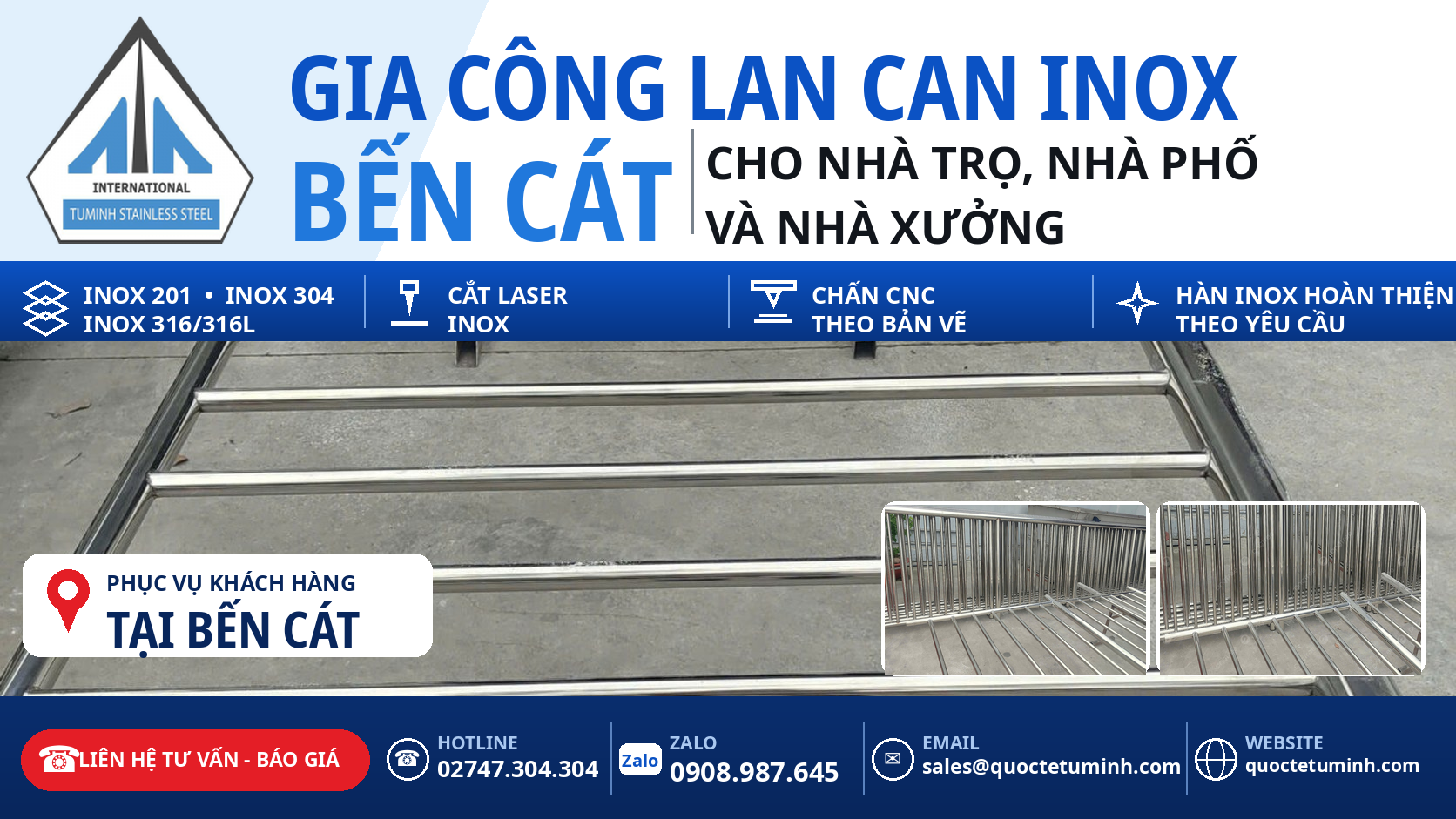 Gia công lan can inox Bến Cát: khung lan can gia công tại xưởng cho nhà trọ, nhà phố và nhà xưởng
