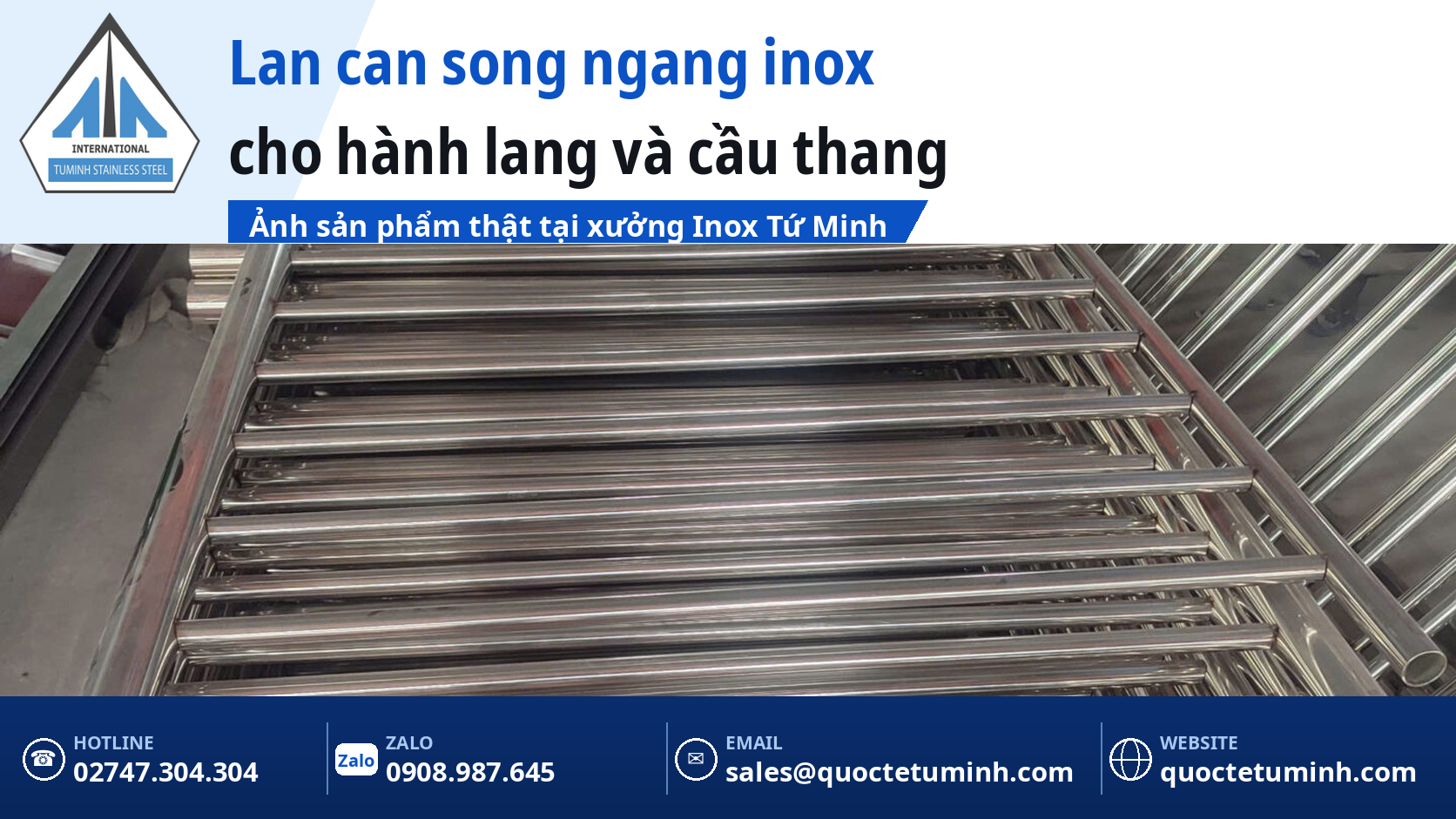 Gia công lan can inox Bến Cát cho nhà trọ, nhà phố và nhà xưởng: Bền, đồng bộ theo một mẫu chốt Lan can song ngang inox cho hành lang và cầu thang nhà trọ, nhà xưởng tại Bến Cát, ảnh thật tại xưởng Tứ Minh