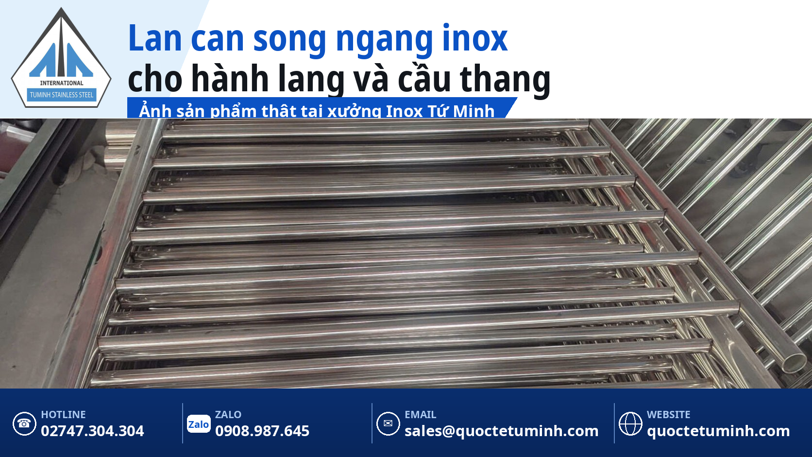 Gia công lan can inox Bến Cát cho nhà trọ, nhà phố và nhà xưởng: Bền, đồng bộ theo một mẫu chốt Lan can song ngang inox cho hành lang và cầu thang nhà trọ, nhà xưởng tại Bến Cát, ảnh thật tại xưởng Tứ Minh