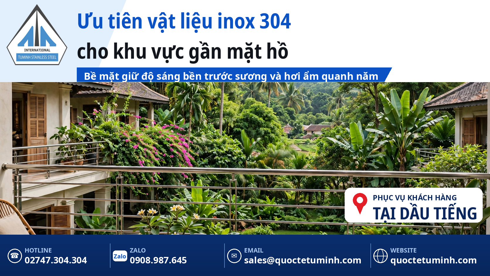 Gia công lan can inox Dầu Tiếng cho nhà vườn, cơ sở lưu trú và nhà ở: Bền trước hơi ẩm ven hồ Lan can inox 304 lắp tại sân thượng nhà vườn ở Dầu Tiếng giữ bề mặt bền trước hơi ẩm