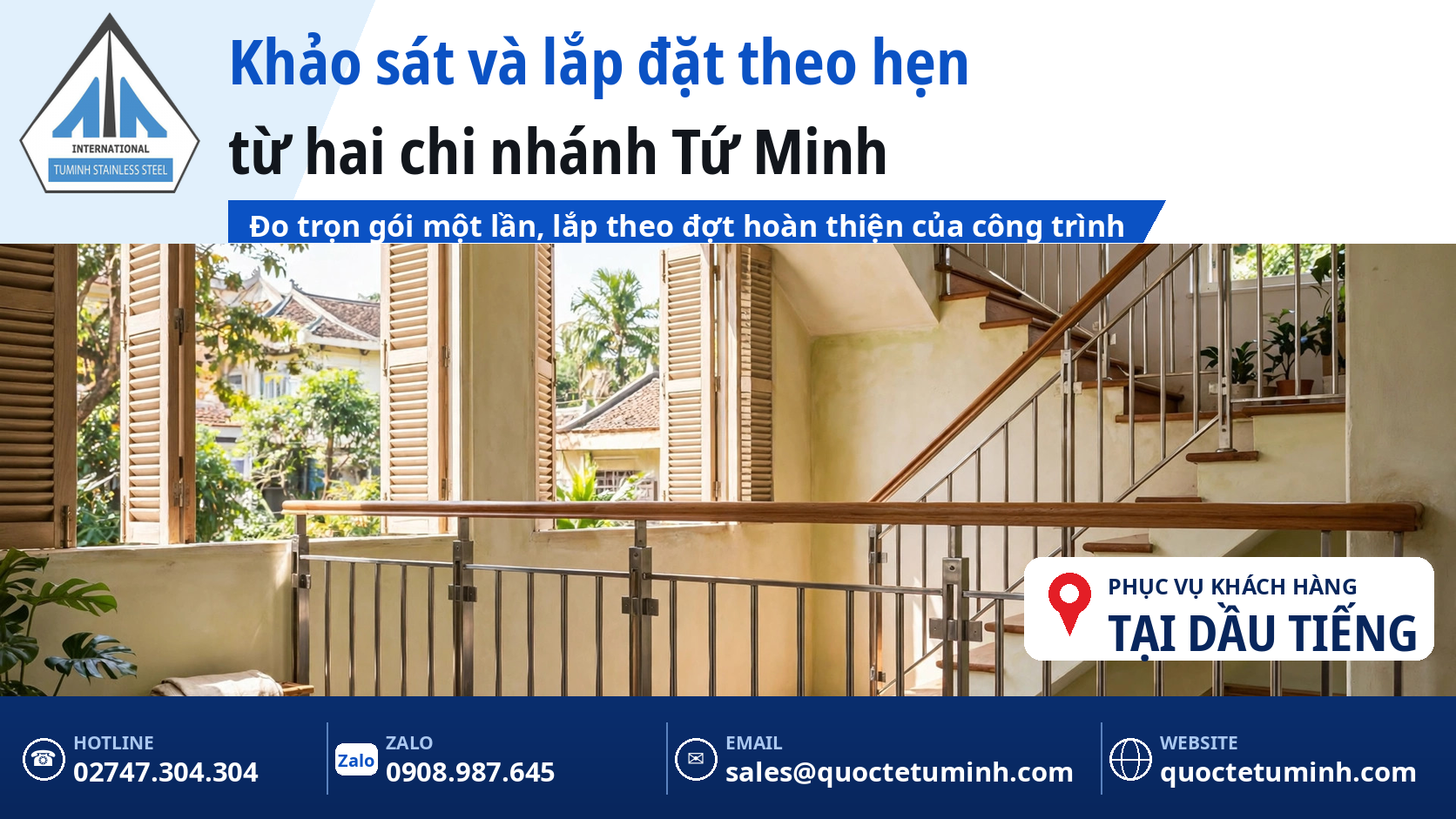 Gia công lan can inox Dầu Tiếng cho nhà vườn, cơ sở lưu trú và nhà ở: Bền trước hơi ẩm ven hồ Lan can cầu thang inox tại Dầu Tiếng được lắp đặt hoàn thiện theo số đo đã chốt