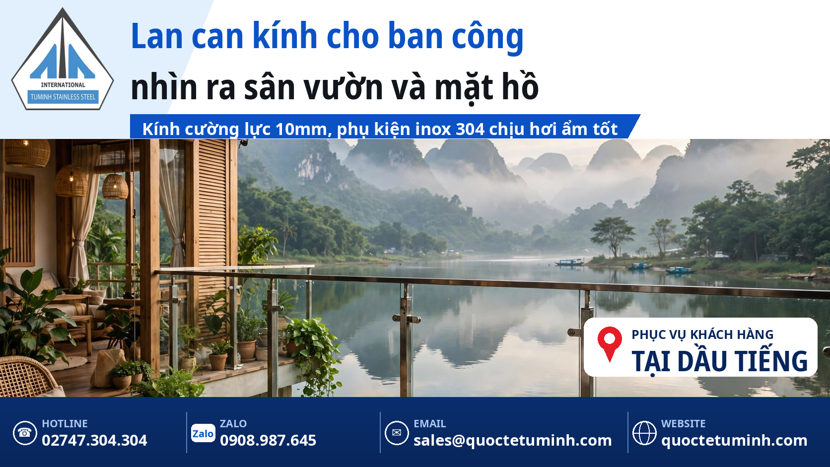 Gia công lan can inox Dầu Tiếng cho nhà vườn, cơ sở lưu trú và nhà ở: Bền trước hơi ẩm ven hồ Lan can kính cường lực tại ban công homestay ven hồ Dầu Tiếng với phụ kiện inox 304