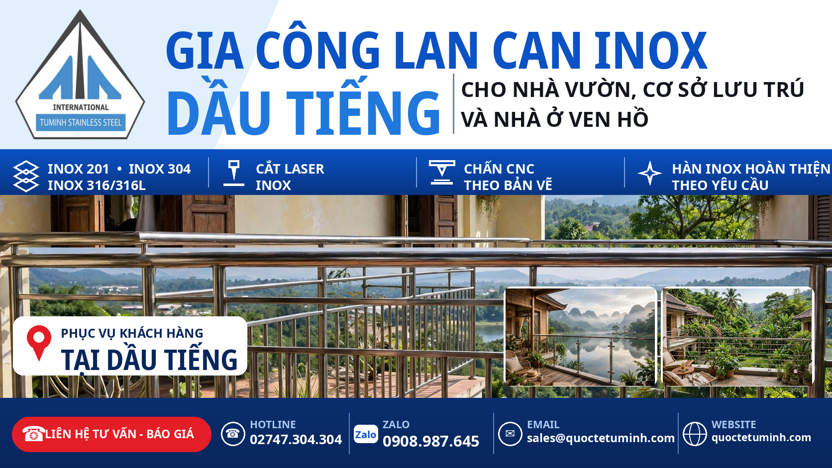 Gia công lan can inox Dầu Tiếng cho nhà vườn, cơ sở lưu trú và nhà ở ven hồ
