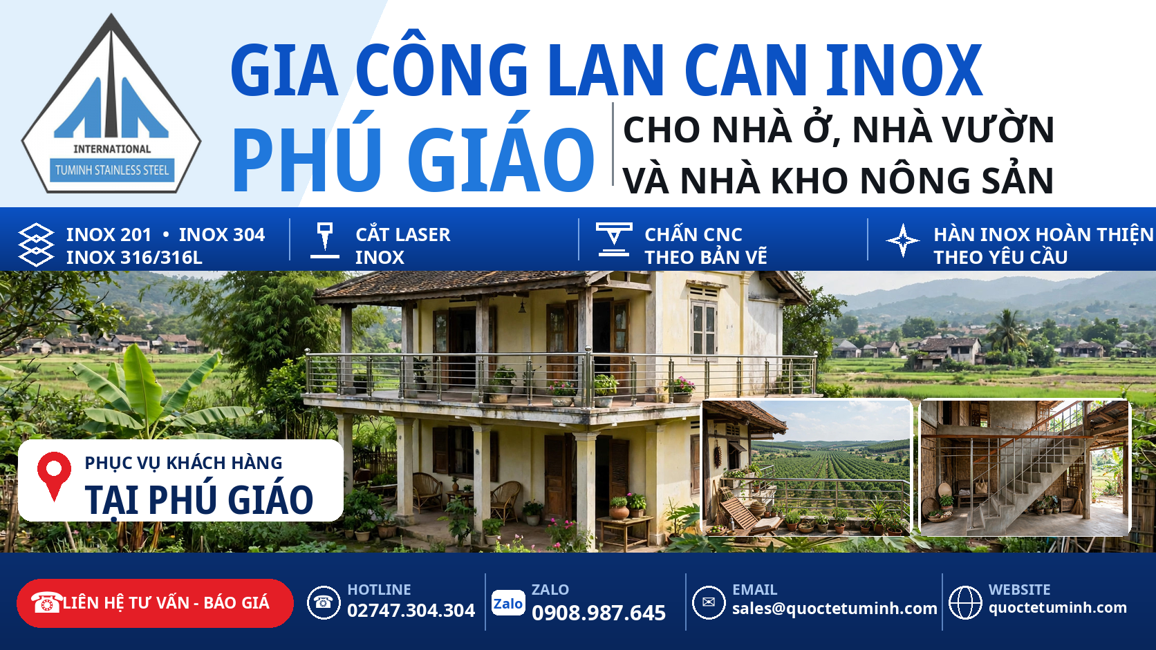 Gia công lan can inox Phú Giáo cho nhà ở, nhà vườn và nhà kho nông sản