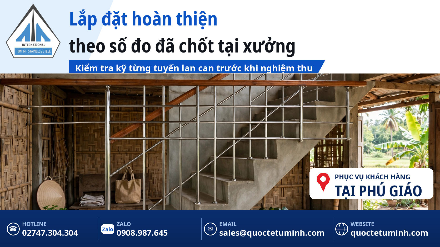 Lan can cầu thang inox trong nhà ở tại Phú Giáo lắp hoàn thiện theo số đo
