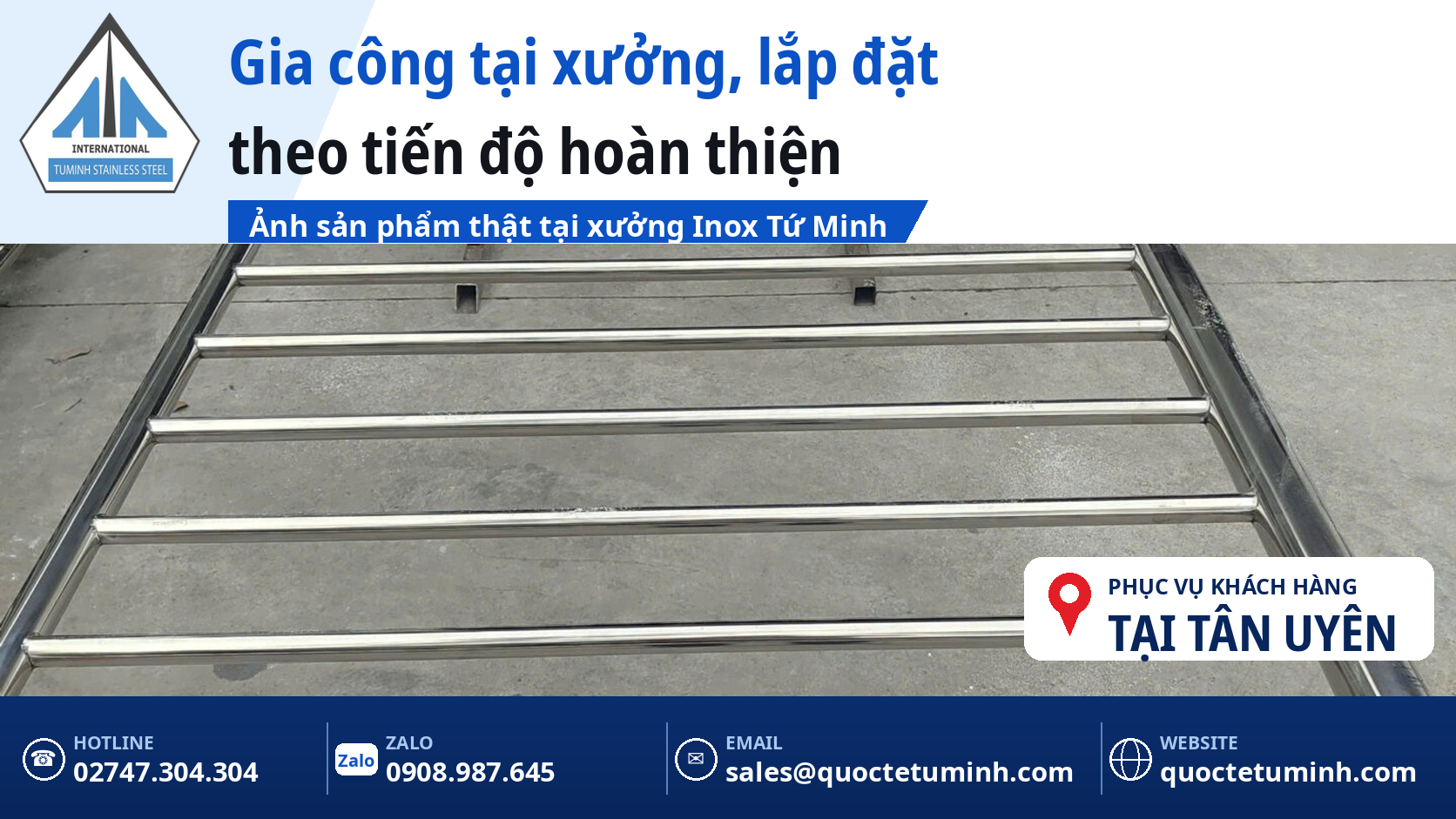 Khung lan can inox gia công tại xưởng Tứ Minh, lắp đặt theo tiến độ hoàn thiện nhà tại Tân Uyên