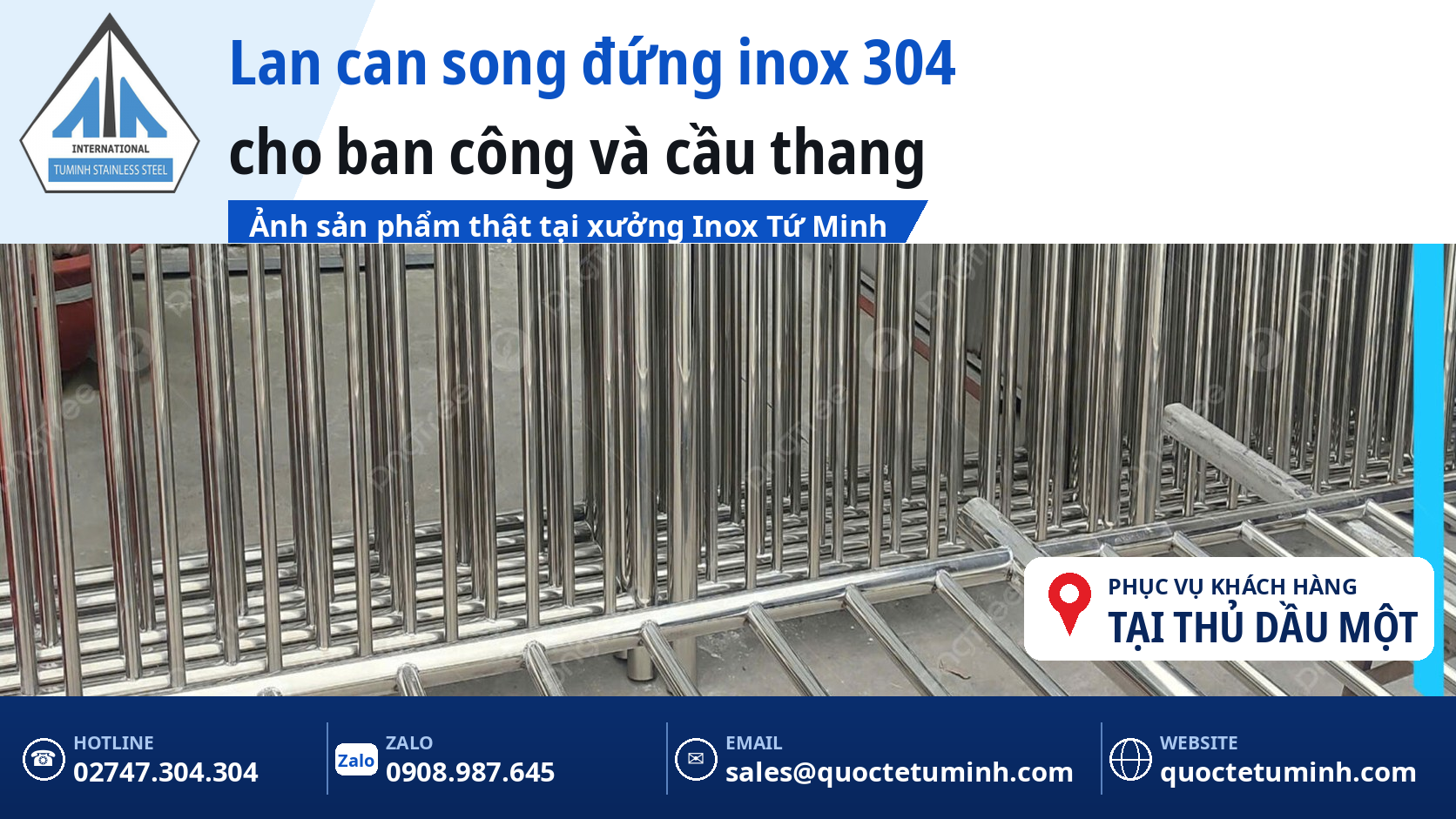 Lan can song đứng inox 304 cho ban công và cầu thang, sản phẩm thật chụp tại xưởng Inox Tứ Minh