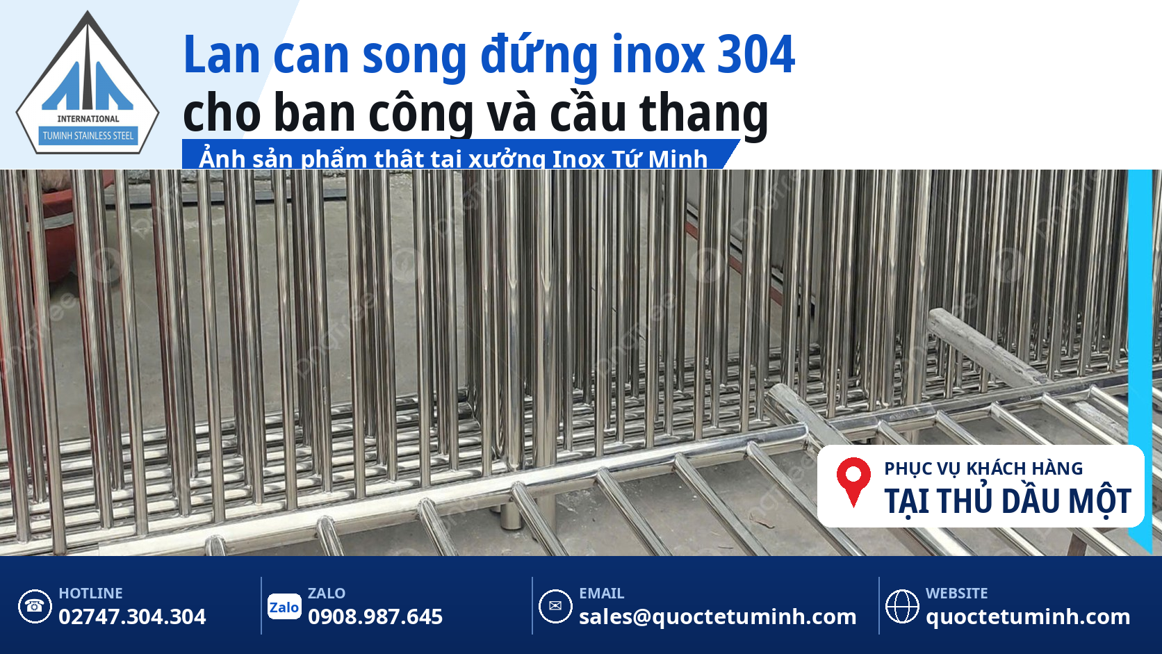 Gia công lan can inox Thủ Dầu Một cho nhà phố và biệt thự: Đo đạc tận nơi, làm theo hiện trạng Lan can song đứng inox 304 cho ban công và cầu thang, sản phẩm thật chụp tại xưởng Inox Tứ Minh
