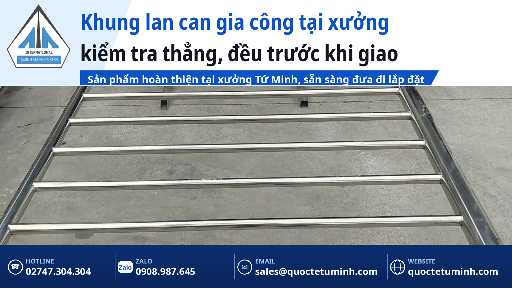 Khung lan can inox trên giá đỡ tại xưởng gia công, kiểm tra độ thẳng và đều trước khi giao khách tại Thủ Dầu Một