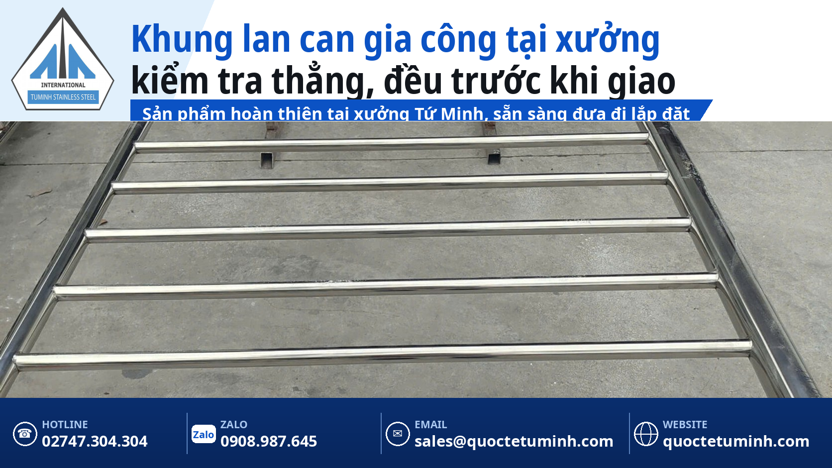 Gia công lan can inox Thủ Dầu Một cho nhà phố và biệt thự: Đo đạc tận nơi, làm theo hiện trạng Khung lan can inox trên giá đỡ tại xưởng gia công, kiểm tra độ thẳng và đều trước khi giao khách tại Thủ Dầu Một