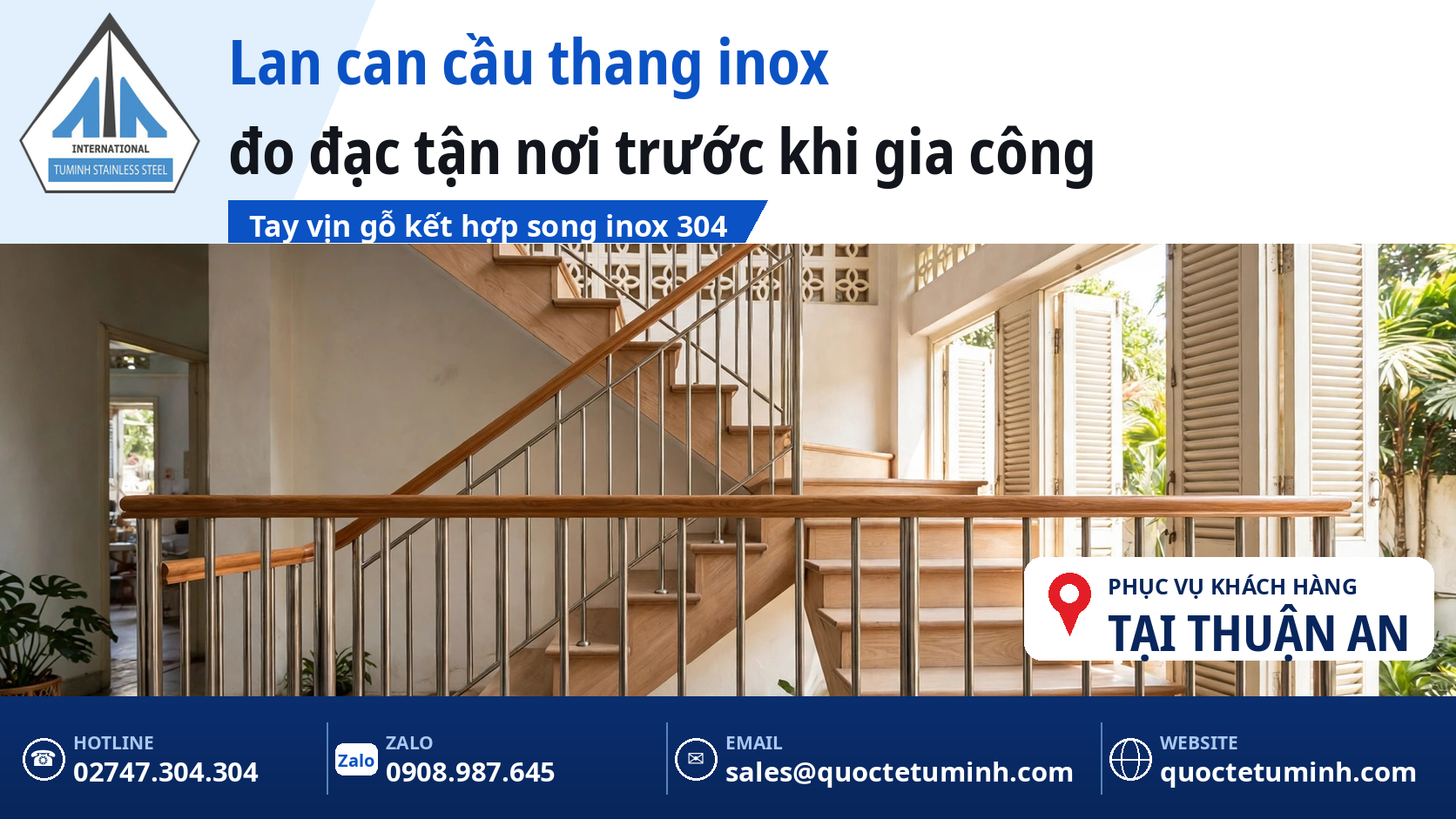 Lan can cầu thang inox tay vịn gỗ tại nhà phố Thuận An