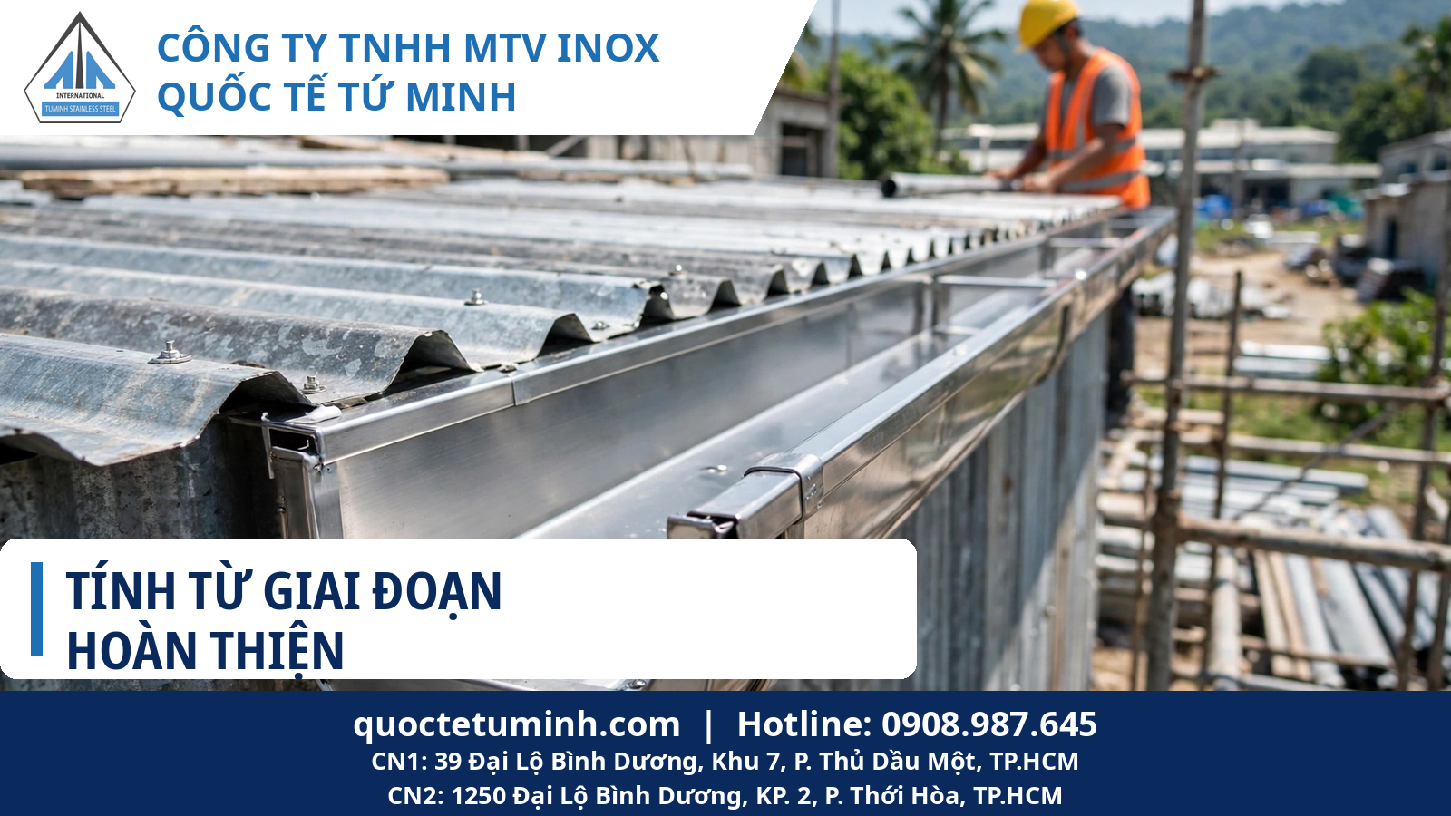 Gia công máng xối inox Bắc Tân Uyên cho công trình mới: Tính từ giai đoạn hoàn thiện Gia công máng xối inox Bắc Tân Uyên: tuyến máng inox mới lắp trên mái nhà xưởng đang hoàn thiện