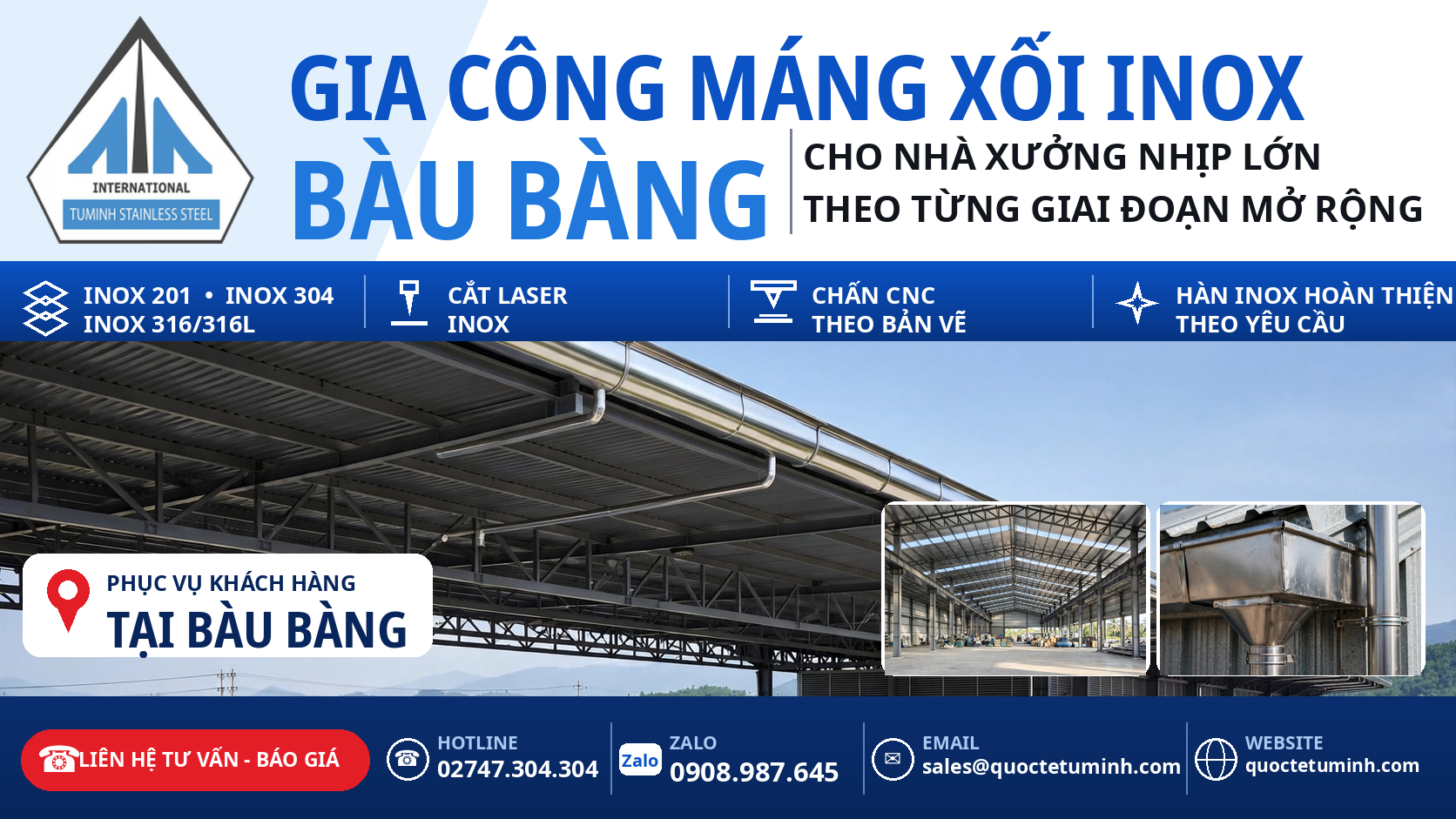 Gia công máng xối inox Bàu Bàng cho nhà xưởng nhịp lớn theo từng giai đoạn mở rộng