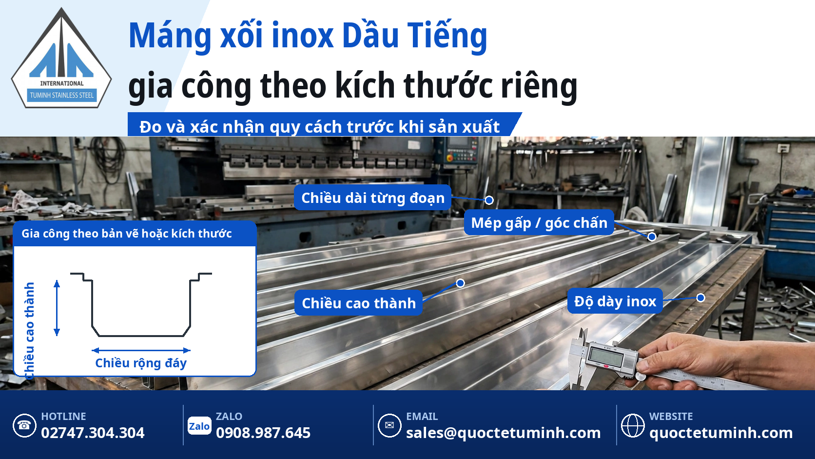 Gia công máng xối inox Dầu Tiếng cho nhà vườn và cơ sở lưu trú: Gọn trong tầm nhìn, bền với môi trường hồ Gia công máng xối inox Dầu Tiếng: đoạn máng inox tại xưởng với các kích thước được đo và xác nhận trước khi sản xuất