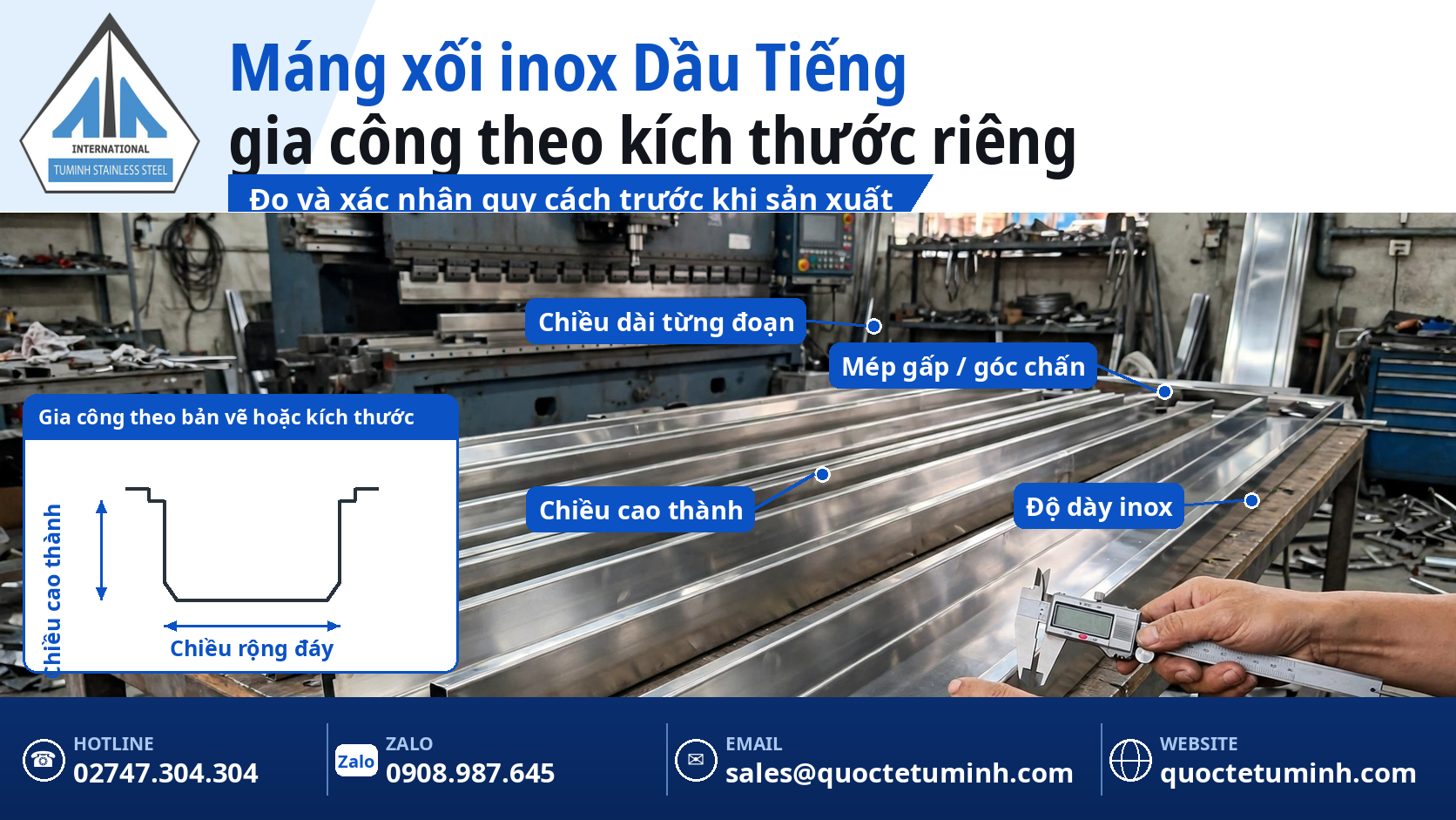 Gia công máng xối inox Dầu Tiếng: đoạn máng inox tại xưởng với các kích thước được đo và xác nhận trước khi sản xuất