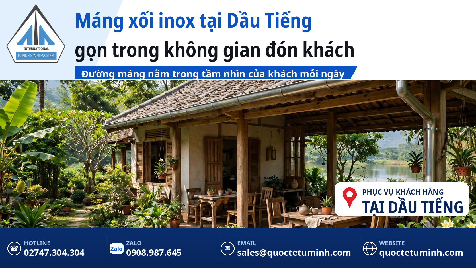 Gia công máng xối inox Dầu Tiếng cho nhà vườn và cơ sở lưu trú: Gọn trong tầm nhìn, bền với môi trường hồ Gia công máng xối inox Dầu Tiếng: cơ sở lưu trú ven hồ với mái nhà và tuyến máng inox gọn
