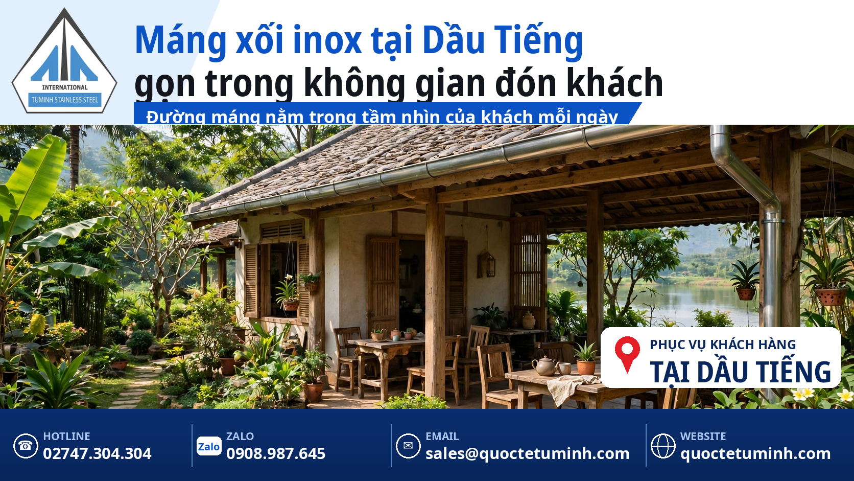 Gia công máng xối inox Dầu Tiếng: cơ sở lưu trú ven hồ với mái nhà và tuyến máng inox gọn