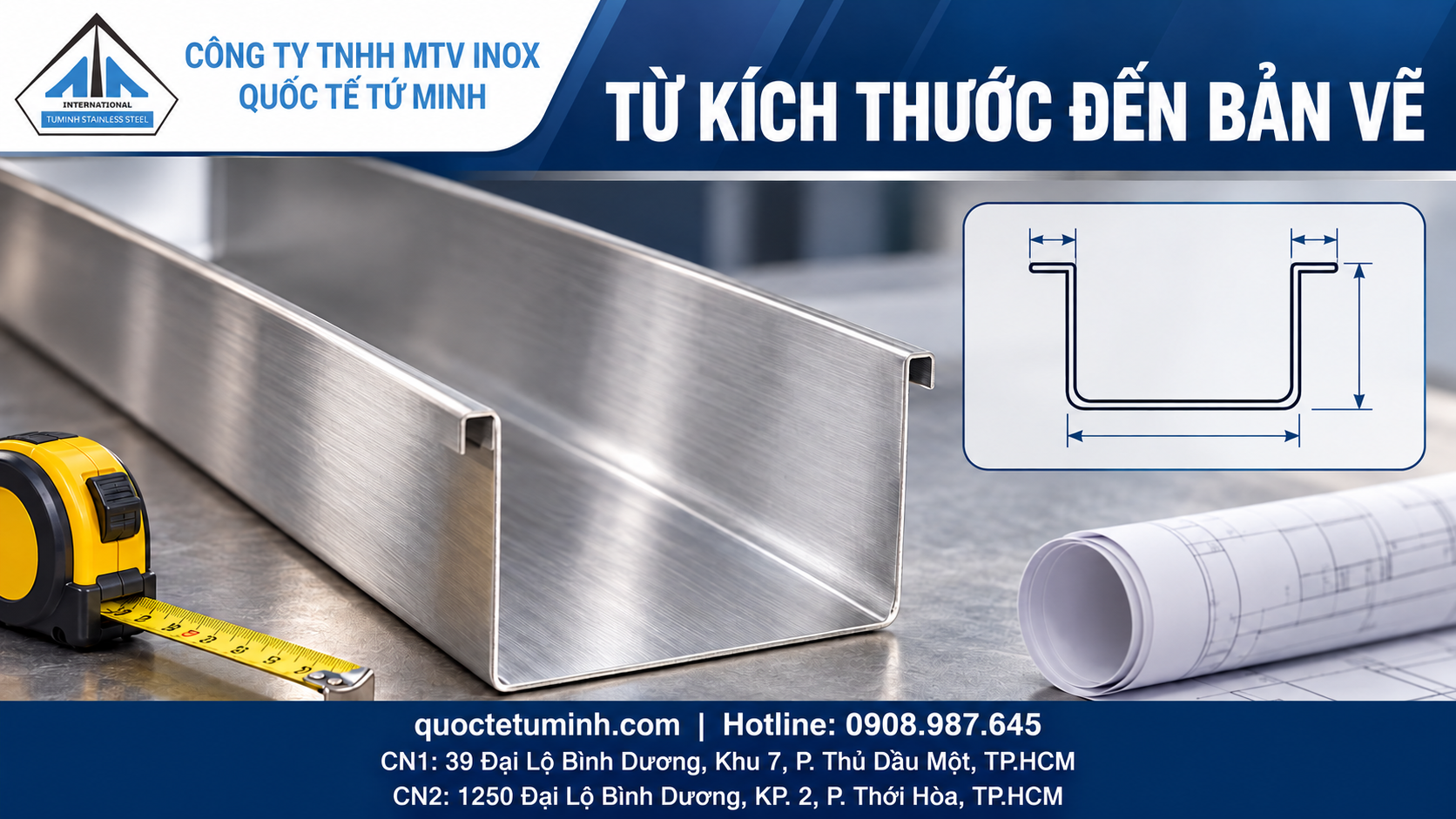 Gia công máng xối inox Thủ Dầu Một: Làm đúng từ bản vẽ Gia công máng xối inox Thủ Dầu Một: minh họa mặt cắt và bản vẽ kích thước
