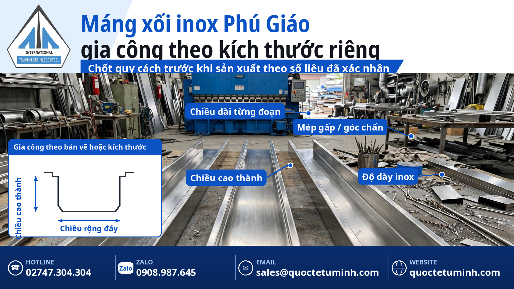 Gia công máng xối inox Phú Giáo: đoạn máng inox trong xưởng với các kích thước cần chốt trước khi sản xuất