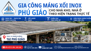 Gia công máng xối inox Phú Giáo: nhà kho nông sản mái lớn với tuyến máng inox hoàn thiện