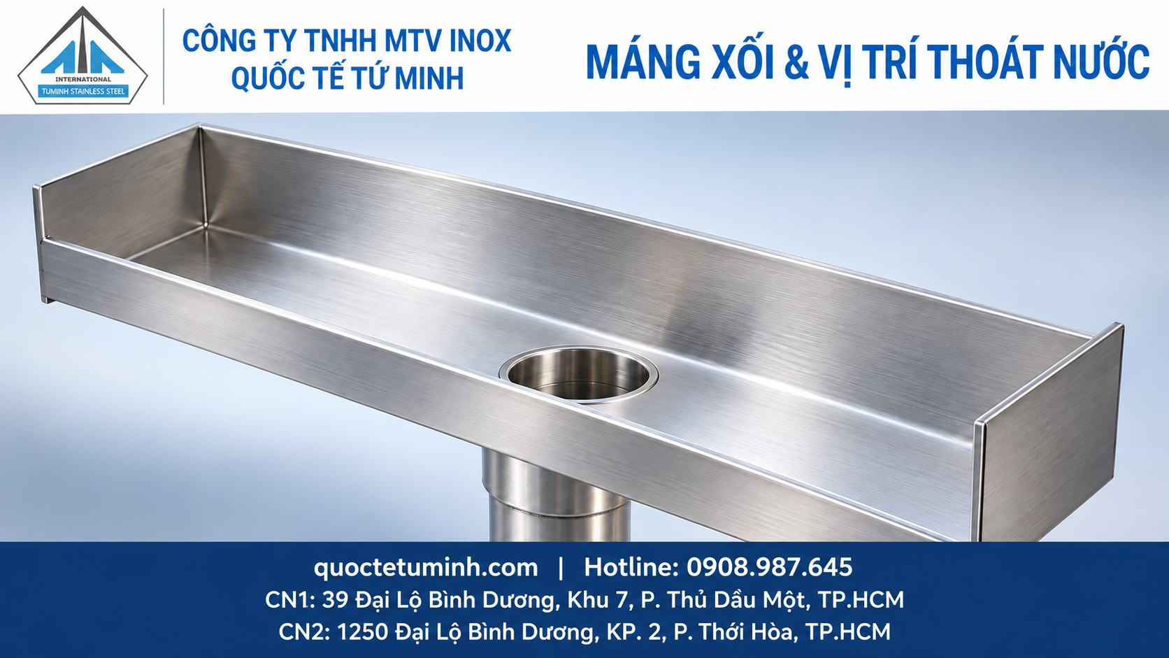 Gia công máng xối inox Thủ Dầu Một: Làm đúng từ bản vẽ Minh họa máng xối inox có vị trí thoát nước nối xuống ống