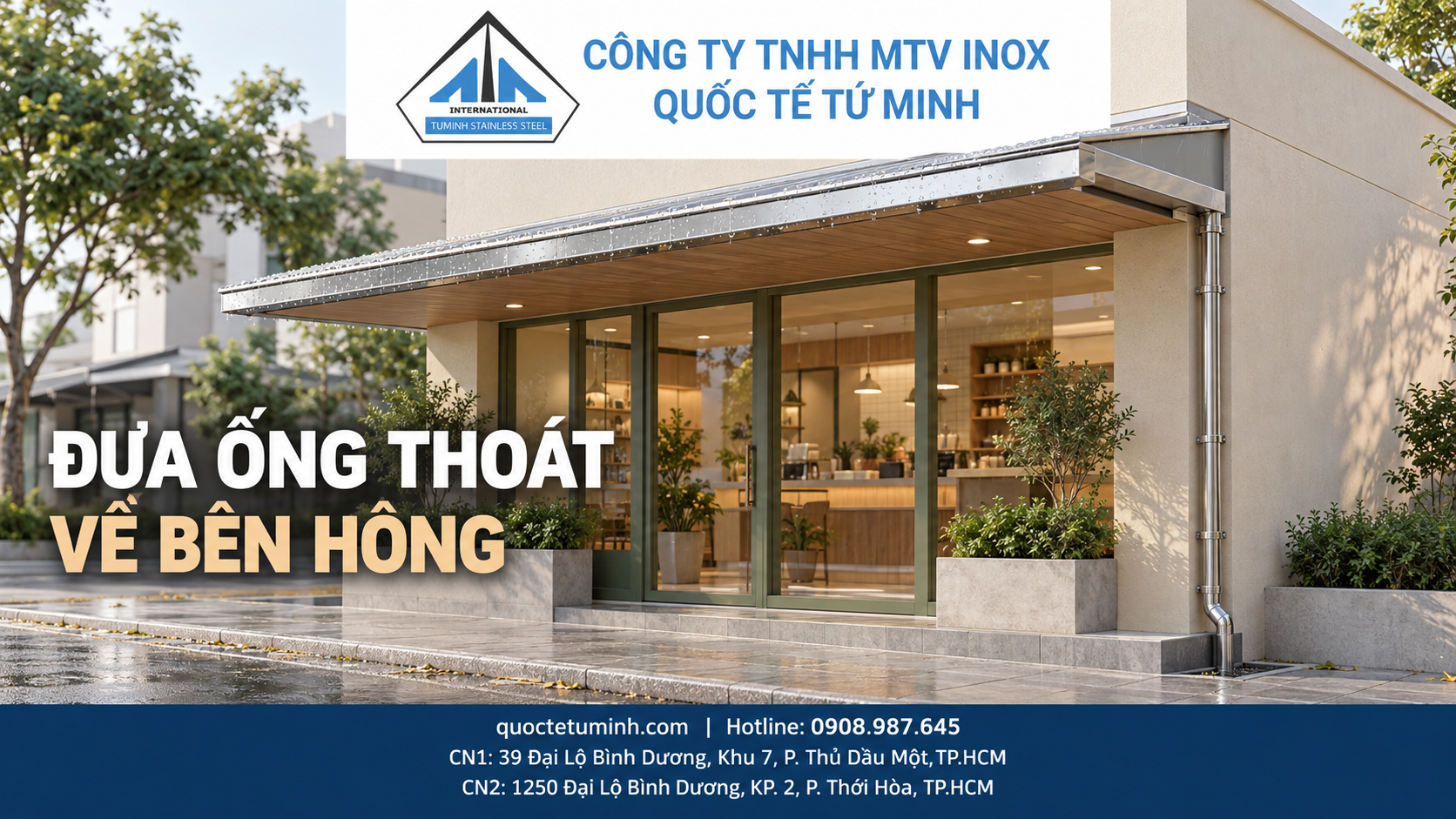 Gia công máng xối inox Thuận An cho mái hiên nhà phố, cửa hàng Phối cảnh mái hiên với đường ống thoát đặt bên hông để giữ lối cửa chính gọn