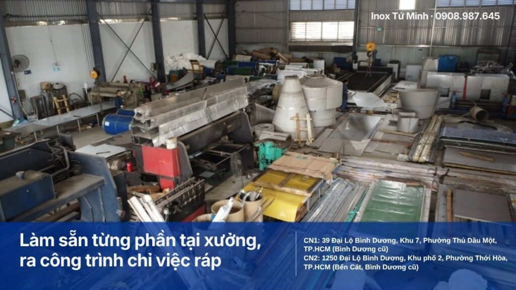Gia Công Inox Phường Phú Lợi: Lan Can, Cổng, Bếp Inox Cho Nhà Phố & Quán Ăn Xưởng gia công inox Tứ Minh nhìn từ trên cao